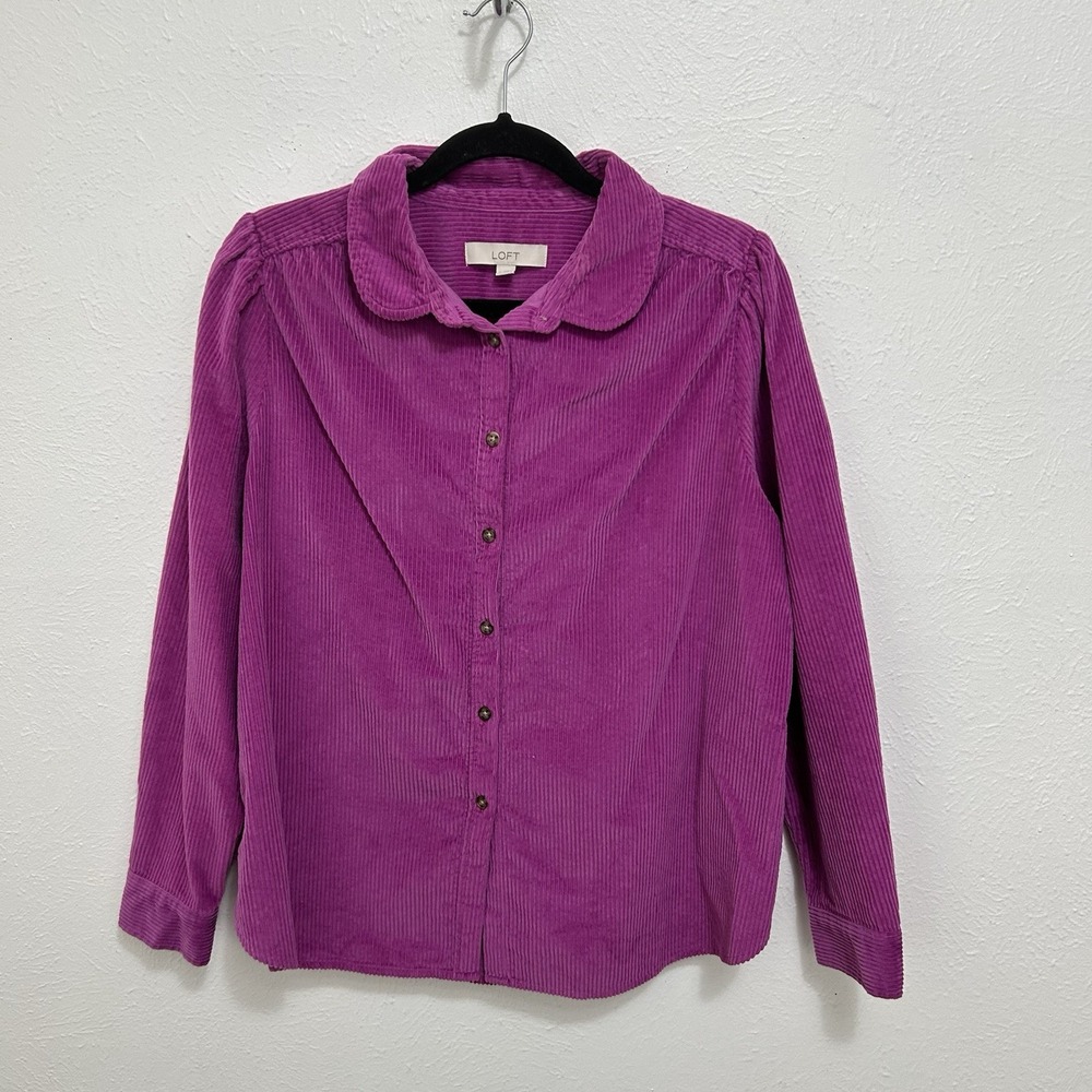 Loft Magenta Purple Wide Wale Corduroy Puff Shoulder Button Down Shirt Top Sz L